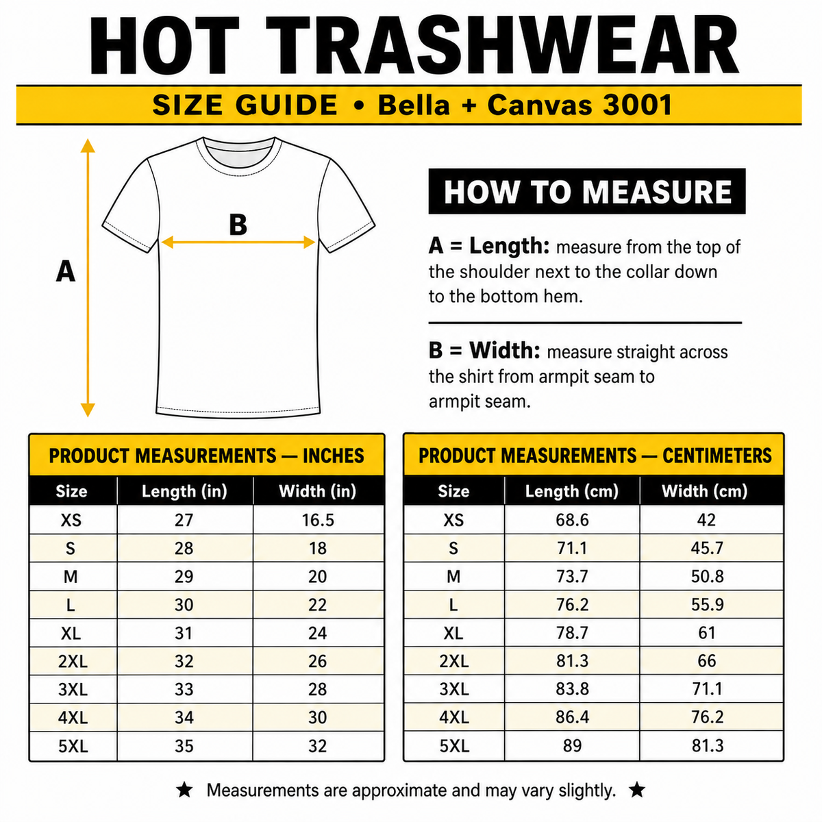 Hot Trashwear Bella + Canvas 3001 size guide